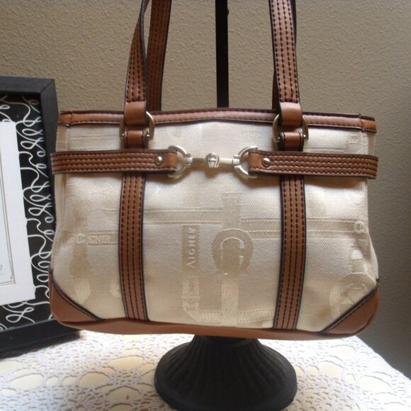 Vintage Etienne Aigner Mini Beige Fabric Faux Leather Trimmed Satchel - Picture 3 of 6